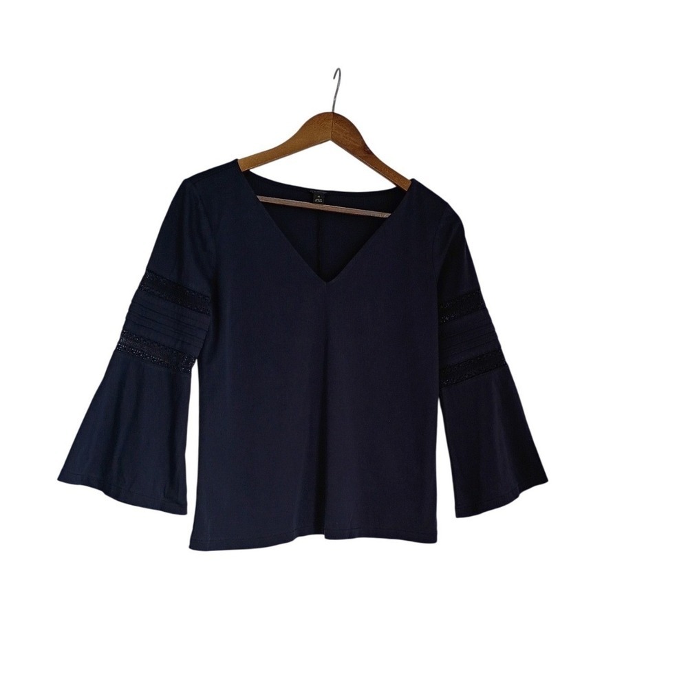 Ann Taylor Navy Bell Sleeve V-Neck Cotton Lace Blouse Top S $98 Preppy Office